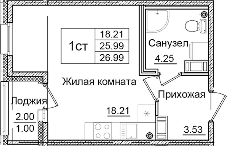 Квартира студия 26.99 м², 3/9 эт., ЖК «Квартал Заречье»